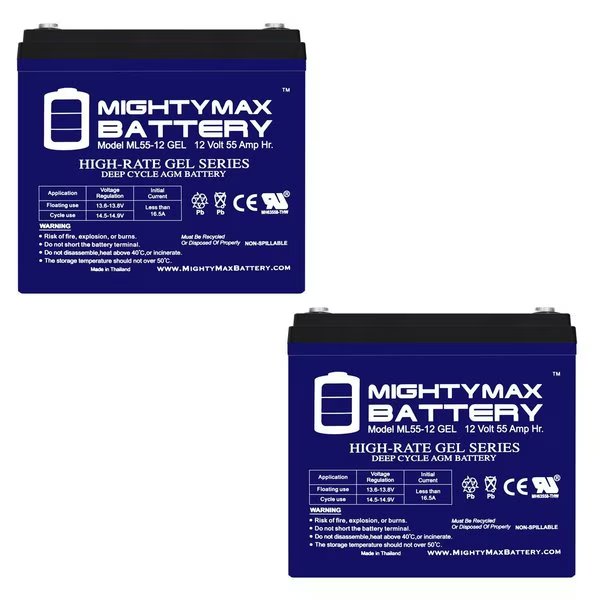12V 55AH GEL Battery Replaces Johnson Controls GC12550 22NF - 2PK, Mighty Max Battery, Mfr#: MAX3558807